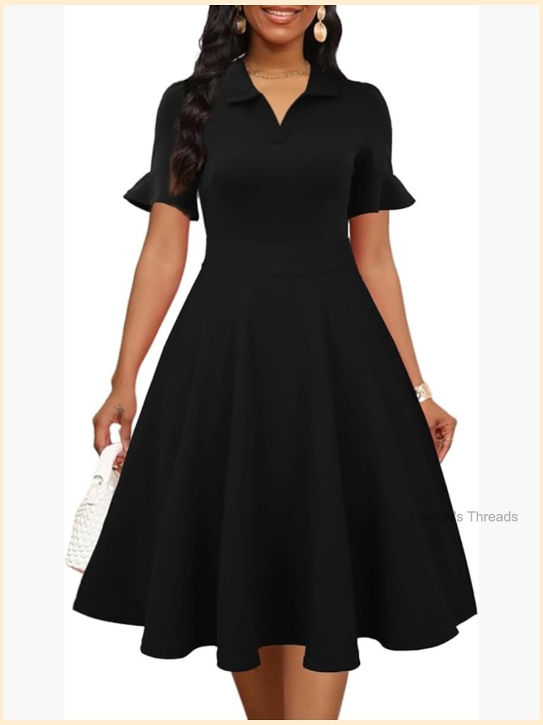 Ruffle Sleeve V-Neck Fit And Flare A-Line Swing Dress With Pockets